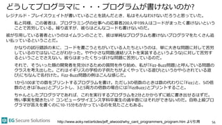 どうしてプログラマに・・・プログラムが書けないのか?
レジナルド・ブレイスウェイトが書いていることを読んだとき、私はそんなわけないだろうと思っていた。
私と同様、この著者は、プログラミングの仕事への応募者200人中199人はコードがまったく書けないという
ことで苦労している。繰り返すが、彼らはどんなコードも書けないのだ。
彼が引用している著者というのはイムランのことで、彼は単純なプログラムも書けないプログラマをたくさん追
い払っているということだ。
かなりの試行錯誤の末に、コードを書こうともがいている人たちというのは、単に大きな問題に対して苦労
しているのではないことがわかった。やや小さな問題(連結リストを実装するというような)に対して苦労す
るということでさえない。彼らはまったくちっぽけな問題に苦労しているのだ。
それで、そういった類の開発者を見分けるための質問を作り始め、私が｢Fizz-Buzz問題｣と呼んでいる問題の
クラスを考え出した。これはイギリスの学校の子供たちがよくやっている遊び(というかやらされている遊
び)にちなんで名付けた。Fizz-Buzz問題の例はこんな感じだ。
1から100までの数をプリントするプログラムを書け。ただし3の倍数のときは数の代わりに｢Fizz｣と、5の倍
数のときは｢Buzz｣とプリントし、3と5両方の倍数の場合には｢FizzBuzz｣とプリントすること。
ちゃんとしたプログラマであれば、これを実行するプログラムを2分とかからずに紙に書き出せるはずだ。
怖い事実を聞きたい? コンピュータサイエンス学科卒業生の過半数にはそれができないのだ。自称上級プロ
グラマが答えを書くのに10-15分もかかっているのを見たこともある。
56http://www.aoky.net/articles/jeff_atwood/why_cant_programmers_program.htm より引用
 