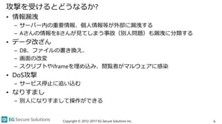 攻撃を受けるとどうなるか?
• 情報漏洩
– サーバー内の重要情報、個人情報等が外部に漏洩する
– Aさんの情報をBさんが見てしまう事故（別人問題）も漏洩に分類する
• データ改ざん
– DB、ファイルの書き換え、
– 画面の改変
– スクリプトやiframeを埋め込み、閲覧者がマルウェアに感染
• DoS攻撃
– サービス停止に追い込む
• なりすまし
– 別人になりすまして操作ができる
Copyright © 2012-2017 EG Secure Solutions Inc. 6
 