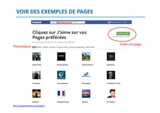VOIR DES EXEMPLES DE PAGES
Rechercher

Thématiques

http://www.facebook.com/pages/

Créer une page

 
