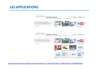 LES APPLICATIONS

http://www.formateurconsultant.com/article-integrer-une-chaine-youtube-a-sa-page-facebook-120586098.html

 