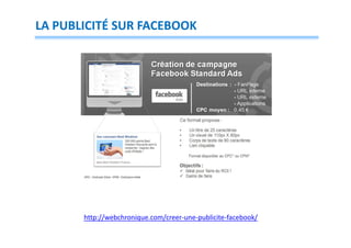 LA PUBLICITÉ SUR FACEBOOK

http://webchronique.com/creer-une-publicite-facebook/

 