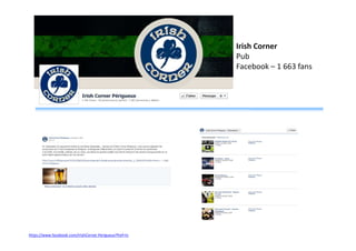 Irish Corner
Pub
Facebook – 1 663 fans

https://www.facebook.com/IrishCorner.Perigueux?fref=ts

 
