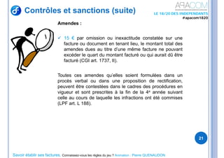 Savoir établir ses factures, Connaissez-vous les règles du jeu ? Animation : Pierre QUENAUDON
LE 18/20 DES INDEPENDANTS
#apacom1820
21
Amendes :
 15 € par omission ou inexactitude constatée sur une
facture ou document en tenant lieu, le montant total des
amendes dues au titre d’une même facture ne pouvant
excéder le quart du montant facturé ou qui aurait dû être
facturé (CGI art. 1737, II).
Toutes ces amendes qu’elles soient formulées dans un
procès verbal ou dans une proposition de rectification,
peuvent être contestées dans le cadres des procédures en
vigueur et sont prescrites à la fin de la 4e année suivant
celle au cours de laquelle les infractions ont été commises
(LPF art. L 188).
Contrôles et sanctions (suite)
 