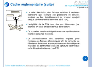 Savoir établir ses factures, Connaissez-vous les règles du jeu ? Animation : Pierre QUENAUDON
LE 18/20 DES INDEPENDANTS
#apacom1820
Le délai d’émission des factures relatives à certaines
opérations (par exemple aux prestations de services
taxables au lieu d’établissement du preneur assujetti
lorsque ce dernier est le redevable de la TVA).
L’exigibilité de la TVA dans des cas déterminés (par
exemple en cas d’émission tardive de la facture)
De nouvelles mentions obligatoires ou une modification du
libellé de certaines mentions.
Un assouplissement des conditions requises pour
l’émission de factures électroniques afin de permettre de
développer le recours à cette pratique sans être obligé de
respecter les contraintes liées à la signature électronique
ou la dématérialisation de type EDI
4
Cadre réglementaire (suite)
 