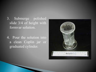 3. Submerge polished
slide 3/4 of height with
formvar solution.
4. Pour the solution into
a clean Coplin jar or
graduated cylinder.
 