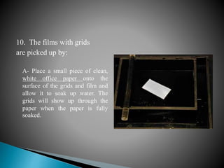 10. The films with grids
are picked up by:
A- Place a small piece of clean,
white office paper onto the
surface of the grids and film and
allow it to soak up water. The
grids will show up through the
paper when the paper is fully
soaked.
 