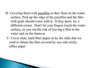 B- Covering them with parafilm as they float on the water
surface. Pick up the edge of the parafilm and the film
with grids should come with it. If they don't, try a
different corner. Don't let your fingers touch the water
surface, or you run the risk of leaving a film in the
water and on the formvar
C- Cover slide, hard filter paper or by the slide that we
used to obtain the film covered by one side sticky
office paper
 