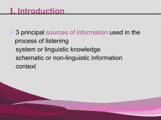 I.  Introduction 3 principal  sources of information  used in the  process of listening  system or linguistic knowledge schematic or non-linguistic information context 