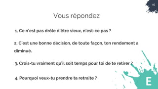 40
E
Vous répondez
1. Ce n’est pas drôle d’être vieux, n’est-ce pas ?
2. C’est une bonne décision, de toute façon, ton rendement a
diminué.
3. Crois-tu vraiment qu’il soit temps pour toi de te retirer ?
4. Pourquoi veux-tu prendre ta retraite ?
 