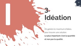 50
I 3.
Idéation
On génère le maximum d’idées,
pour trouver une solution.
Le plus important c’est la quantité
et non pas la qualité.
 