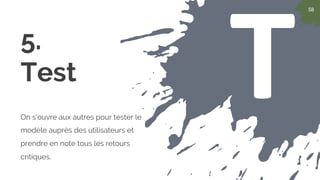58
T
58
5.
Test
On s'ouvre aux autres pour tester le
modèle auprès des utilisateurs et
prendre en note tous les retours
critiques.
 