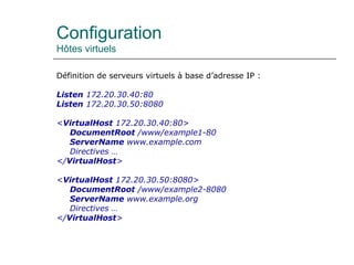 Configuration
Hôtes virtuels
Définition de serveurs virtuels à base d’adresse IP :
Listen 172.20.30.40:80
Listen 172.20.30.50:8080
<VirtualHost 172.20.30.40:80>
DocumentRoot /www/example1-80
ServerName www.example.com
Directives …
</VirtualHost>
<VirtualHost 172.20.30.50:8080>
DocumentRoot /www/example2-8080
ServerName www.example.org
Directives …
</VirtualHost>
 