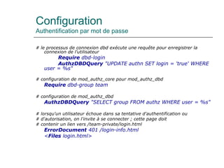 Configuration
Authentification par mot de passe
# le processus de connexion dbd exécute une requête pour enregistrer la
connexion de l'utilisateur
Require dbd-login
AuthzDBDQuery "UPDATE authn SET login = 'true' WHERE
user = %s"
# configuration de mod_authz_core pour mod_authz_dbd
Require dbd-group team
# configuration de mod_authz_dbd
AuthzDBDQuery "SELECT group FROM authz WHERE user = %s"
# lorsqu'un utilisateur échoue dans sa tentative d'authentification ou
# d'autorisation, on l'invite à se connecter ; cette page doit
# contenir un lien vers /team-private/login.html
ErrorDocument 401 /login-info.html
<Files login.html>
 