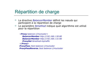 Répartition de charge
 La directive BalancerMember définit les nœuds qui
participent à la répartition de charge
 Le paramètre lbmethod indique quel algorithme est utilisé
pour la répartition
<Proxy balancer://mycluster>
BalancerMember http://192.168.1.50:80
BalancerMember http://192.168.1.51:80
ProxySet lbmethod=bytraffic
</Proxy>
ProxyPass /test balancer://mycluster
ProxyPassReverse /test balancer://mycluster
 