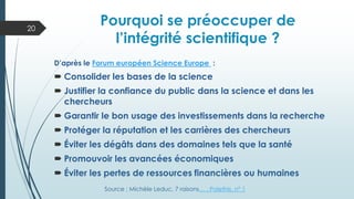 Pourquoi se préoccuper de
l’intégrité scientifique ?
D’après le Forum européen Science Europe :
 Consolider les bases de la science
 Justifier la confiance du public dans la science et dans les
chercheurs
 Garantir le bon usage des investissements dans la recherche
 Protéger la réputation et les carrières des chercheurs
 Éviter les dégâts dans des domaines tels que la santé
 Promouvoir les avancées économiques
 Éviter les pertes de ressources financières ou humaines
20
Source : Michèle Leduc, 7 raisons… , Polethis, n° 1
 