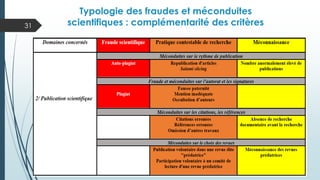 31
Typologie des fraudes et méconduites
scientifiques : complémentarité des critères
 