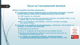 Focus sur l’encadrement doctoral
 Deux enquêtes récentes importantes :
 « Le doctorat en France. Regards croisés sur la formation doctorale », enquête
du RNCD (Réseau National des Collèges Doctoraux), janvier 2022
 11545 réponses de doctorants
 « Près de 80% des doctorants, tous domaines confondus, sont satisfaits (30%) ou très
satisfaits (48%) de leur encadrement doctoral »
 Mais 15 % insatisfaits ou très insatisfaits : constat de vol d’idées, de plagiat,
d’occultation d’auteur…
 « Enquête sur la qualité de vie des doctorants » , menée par « Vie de thèse » et
Doctopus, novembre-décembre 2021
 1800 réponses de doctorants
 Pour 21 %, problèmes de vol de travaux et d’occultation d’auteur
 Nombreux témoignages de souffrances, dues à des abus de pouvoir, du
harcèlement, du vol de travaux, etc.
 Voir « Plagiat, vol, appropriation de thèses... quand les encadrants
s’emparent du travail des jeunes chercheurs », Le Monde, 26 janvier 2022
40
 