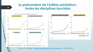 Le phénomène de l’édition prédatrice :
toutes les disciplines touchées
56
Source : Le Monde, « Alerte mondiale à la fausse science », 19 juillet 2018
 