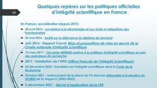 Quelques repères sur les politiques officielles
d’intégrité scientifique en France
En France, accélération depuis 2015 :
 20 avril 2016 : Loi relative à la déontologie et aux droits et obligations des
fonctionnaires
 25 mai 2016 : Arrêté sur la délivrance du diplôme de doctorat
 Juin 2016 : Rapport Corvol, Bilan et propositions de mise en œuvre de la
charte nationale d'intégrité scientifique
 15 mars 2017 : Circulaire MENESR relative à la politique d'intégrité scientifique au sein
des opérateurs de recherche
 2017 : installation de l’OFIS (Office Français de l’Intégrité Scientifique)
 24 décembre 2020 : inscription de l’intégrité scientifique dans le Code de la
Recherche
 Octobre 2021 : renforcement de la place de l’IS dans les référentiels d’évaluation du
HCERES de la Vague C (2022-2023)
 3 décembre 2021 : décret d’application de la LPR
68
 