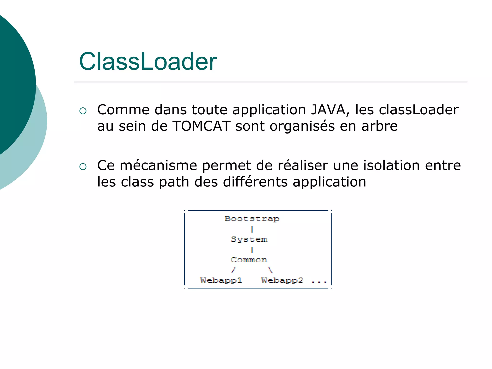 ClassLoader
 Comme dans toute application JAVA, les classLoader
au sein de TOMCAT sont organisés en arbre
 Ce mécanisme permet de réaliser une isolation entre
les class path des différents application
 