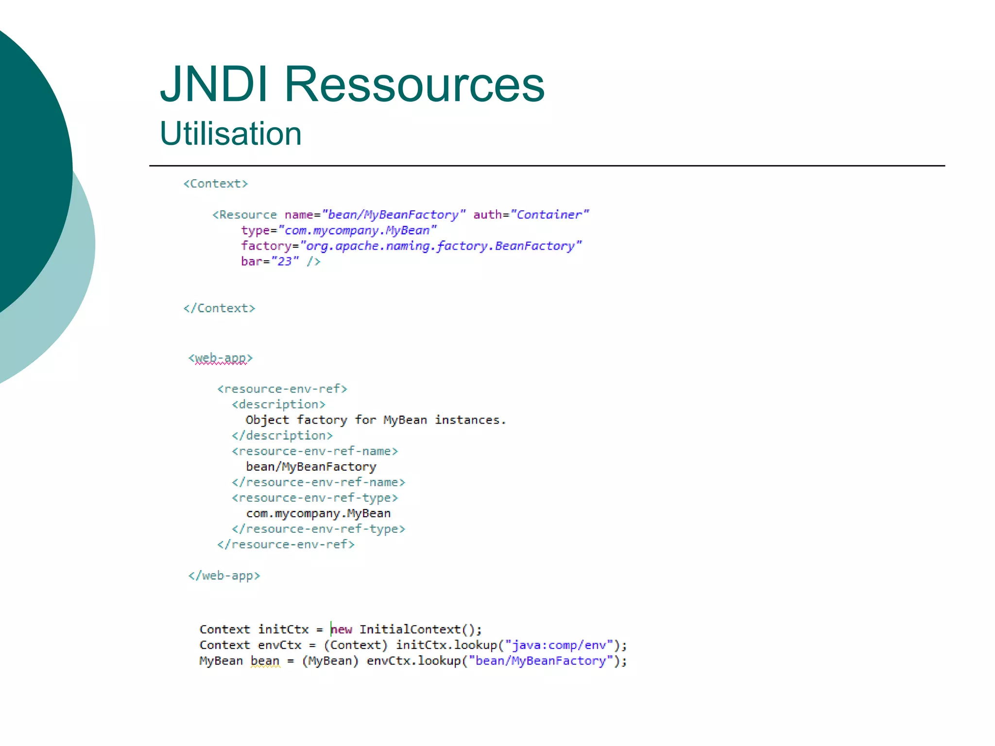 JNDI Ressources
Utilisation
 