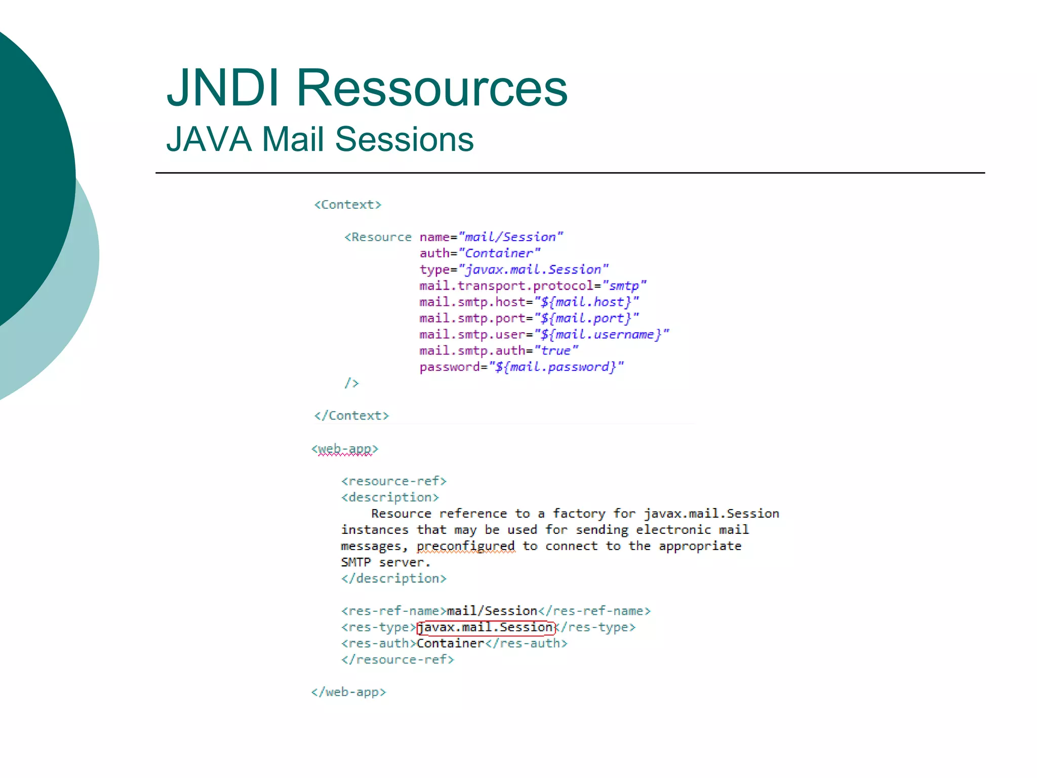 JNDI Ressources
JAVA Mail Sessions
 