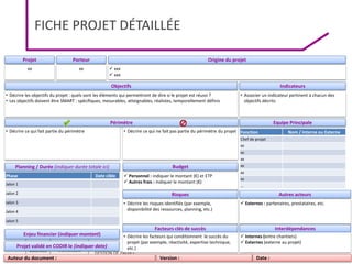 MENESR
GESTION DE PROJET
2017
FICHE PROJET DÉTAILLÉE
Projet
Périmètre
xx
• Décrire ce qui fait partie du périmètre
Phase Date cible
Jalon 1
Jalon 2
Jalon 3
Jalon 4
Jalon 5
Origine du projet
 xxx
 xxx
Fonction Nom / Interne ou Externe
Chef de projet
xx
xx
xx
xx
xx
xx
…
Planning / Durée (indiquer durée totale ici) Budget
 Personnel : indiquer le montant (€) et ETP
 Autres frais : indiquer le montant (€)
Risques
• Décrire les risques identifiés (par exemple,
disponibilité des ressources, planning, etc.)
Porteur
xx
Objectifs
• Décrire les objectifs du projet : quels sont les éléments qui permettront de dire si le projet est réussi ?
• Les objectifs doivent être SMART : spécifiques, mesurables, atteignables, réalistes, temporellement définis
Indicateurs
• Associer un indicateur pertinent à chacun des
objectifs décrits
Equipe Principale
Facteurs clés de succès
• Décrire les facteurs qui conditionnent le succès du
projet (par exemple, réactivité, expertise technique,
etc.)
• Décrire ce qui ne fait pas partie du périmètre du projet
Autres acteurs
 Externes : partenaires, prestataires, etc.
Interdépendances
 Internes (entre chantiers)
 Externes (externe au projet)
Auteur du document :
Enjeu financier (indiquer montant)
Version : Date :
Projet validé en CODIR le (indiquer date)
 