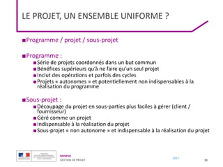 MENESR
GESTION DE PROJET
2017
LE PROJET, UN ENSEMBLE UNIFORME ?
■Programme / projet / sous-projet
■Programme :
■Série de projets coordonnés dans un but commun
■Bénéfices supérieurs qu’à ne faire qu’un seul projet
■Inclut des opérations et parfois des cycles
■Projets « autonomes » et potentiellement non indispensables à la
réalisation du programme
■Sous-projet :
■Découpage du projet en sous-parties plus faciles à gérer (client /
fournisseur)
■Géré comme un projet
■Indispensable à la réalisation du projet
■Sous-projet « non autonome » et indispensable à la réalisation du projet
15
 