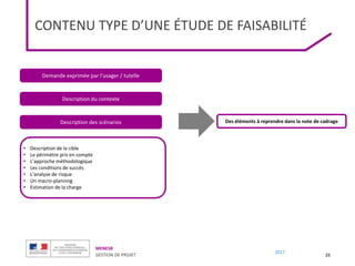 MENESR
GESTION DE PROJET
2017
CONTENU TYPE D’UNE ÉTUDE DE FAISABILITÉ
25
Demande exprimée par l’usager / tutelle
Description du contexte
Description des scénarios
• Description de la cible
• Le périmètre pris en compte
• L’approche méthodologique
• Les conditions de succès
• L’analyse de risque
• Un macro-planning
• Estimation de la charge
Des éléments à reprendre dans la note de cadrage
 