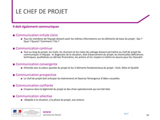 MENESR
GESTION DE PROJET
2017
Il doit également communiquer
■ Communication initiale claire
■ Tous les membres de l’équipe doivent avoir les mêmes informations sur les éléments de base du projet : Qui ?
Quoi ? Quand ? Comment ? Où ?
■ Communication continue
■ Tout au long du projet, les mails, les réunions et les notes de cadrage doivent permettre au chef de projet de
communiquer à l’équipe : le diagnostic de la situation, état d’avancement du projet, les éventuelles déficiences
techniques, qualitatives ou dérives financières, les actions et les moyens à mettre en œuvre pour les résoudre
■ Communication convergente
■ Orientée vers la valeur ajoutée du projet et les 3 éléments fondamentaux du projet : Coût, Délai et Qualité
■ Communication prospective
■ Le chef de projet doit anticiper les évènements et favorise l’émergence d’idées nouvelles
■ Communication confiante
■ Croyance dans la légitimité du projet et des choix opérationnels qui ont été faits
■ Communication sélective
■ Adaptée à la situation, à la phase du projet, aux acteurs
62
LE CHEF DE PROJET
 