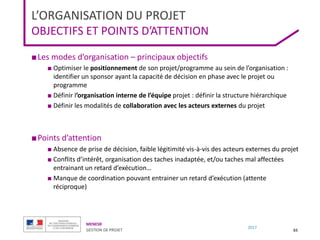 MENESR
GESTION DE PROJET
2017
L’ORGANISATION DU PROJET
OBJECTIFS ET POINTS D’ATTENTION
■Les modes d’organisation – principaux objectifs
■ Optimiser le positionnement de son projet/programme au sein de l’organisation :
identifier un sponsor ayant la capacité de décision en phase avec le projet ou
programme
■ Définir l’organisation interne de l’équipe projet : définir la structure hiérarchique
■ Définir les modalités de collaboration avec les acteurs externes du projet
■Points d’attention
■ Absence de prise de décision, faible légitimité vis-à-vis des acteurs externes du projet
■ Conflits d’intérêt, organisation des taches inadaptée, et/ou taches mal affectées
entrainant un retard d’exécution…
■ Manque de coordination pouvant entrainer un retard d’exécution (attente
réciproque)
65
 