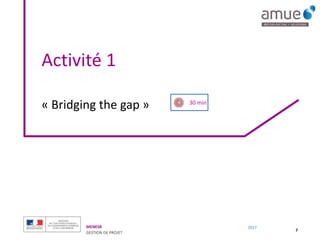 MENESR
GESTION DE PROJET
2017
Activité 1
7
« Bridging the gap » 30 min
 