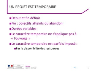 MENESR
GESTION DE PROJET
2017
UN PROJET EST TEMPORAIRE
9
■Début et fin définis
■Fin : objectifs atteints ou abandon
■Durées variables
■Le caractère temporaire ne s’applique pas à
« l’ouvrage »
■Le caractère temporaire est parfois imposé :
■Par la disponibilité des ressources
 
