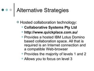 Alternative Strategies Hosted collaboration technology: Collaborative Systems Pty Ltd http://www.quickplace.com.au/ Provides a hosted IBM Lotus Domino based collaboration space. All that is required is an Internet connection and a compatible Web-browser Provides the majority of levels 1 and 2 Allows you to focus on level 3 