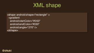 @chiuki@chiuki
XML shape
<shape android:shape="rectangle" >
<gradient
android:startColor="#063"
android:endColor="#030"
an...