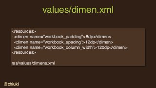 @chiuki@chiuki
<resources>
<dimen name="workbook_padding">8dp</dimen>
<dimen name="workbook_spacing">12dp</dimen>
<dimen name="workbook_column_width">120dp</dimen>
<resources>
res/values/dimens.xml
values/dimen.xml
 