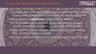 If you are donating employee time...
• Their participation in the ASF project is governed by the PMC and the
Apache Way, independent of your corporate reporting structure
• Merit is gained by individuals, independent of affliation
• Your employees must understand appropriate behavior (project-
specifc procedures and practices) within Apache project(s)
• Project work must be discussed on Apache project public mailing
lists, not internal company emails
• Proprietary company work must be done outside the Apache project
 