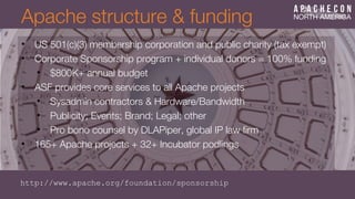Apache structure & funding
• US 501(c)(3) membership corporation and public charity (tax exempt)
• Corporate Sponsorship program + individual donors = 100% funding
• $800K+ annual budget
• ASF provides core services to all Apache projects
• Sysadmin contractors & Hardware/Bandwidth
• Publicity; Events; Brand; Legal; other
• Pro bono counsel by DLAPiper, global IP law frm
• 165+ Apache projects + 32+ Incubator podlings
http://www.apache.org/foundation/sponsorship
 