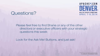 Questions?
Please feel free to find Shane or any of the other
directors or executive officers with your strategic
questions this week
Look for the Ask Me! Buttons, and just ask!
 
