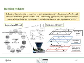 B-29
Interdependency
Defined as the relationship between two or more components, networks or systems. We focused
on civil infrastructure systems this first year. Our modeling approaches were (1) unified directed
graphs, (2) linked directed graph networks, and (3) linked system level input-output models.
 