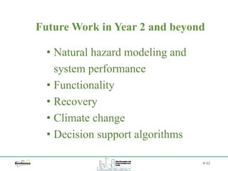 B-52
• Natural hazard modeling and
system performance
• Functionality
• Recovery
• Climate change
• Decision support algorithms
Future Work in Year 2 and beyond
 