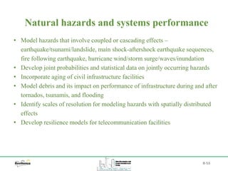 B-53
• Model hazards that involve coupled or cascading effects –
earthquake/tsunami/landslide, main shock-aftershock earthquake sequences,
fire following earthquake, hurricane wind/storm surge/waves/inundation
• Develop joint probabilities and statistical data on jointly occurring hazards
• Incorporate aging of civil infrastructure facilities
• Model debris and its impact on performance of infrastructure during and after
tornados, tsunamis, and flooding
• Identify scales of resolution for modeling hazards with spatially distributed
effects
• Develop resilience models for telecommunication facilities
Natural hazards and systems performance
 