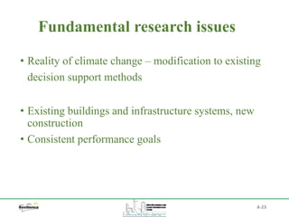 Fundamental research issues
A-23
• Reality of climate change – modification to existing
decision support methods
• Existing buildings and infrastructure systems, new
construction
• Consistent performance goals
 