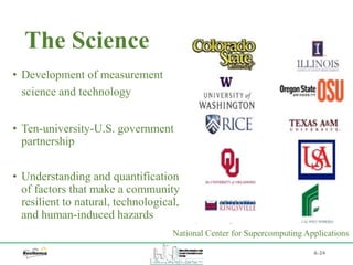 The Science
A-24
• Development of measurement
science and technology
• Ten-university-U.S. government
partnership
• Understanding and quantification
of factors that make a community
resilient to natural, technological,
and human-induced hazards
National Center for Supercomputing Applications
 