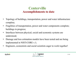 A-84
Centerville
Accomplishments to date
• Topology of buildings, transportation, power and water infrastructure
complete;
• Fragilities of transportation, power and water components complete;
buildings in progress;
• Interfaces between physical, social and economic systems are
understood;
• Damage and loss estimation models have been tested and are being
implemented in NIST-CORE v.1;
• Engineers, economists and social scientists eager to work together!
 