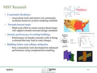 NIST Research
• Community Resilience
‒ Assessment tools and metrics for community
resilience based on systems modeling methods
• Tornado hazard maps
‒ Multi-year effort to create science-based maps
will support tornado-resistant design standards
• Seismic performance of existing buildings
‒ Performance of slender concrete walls is being
evaluated that may lead to code changes
• Building failure and collapse mitigation
‒ New connections were developed for enhanced
performance using computational modeling
A-9
 