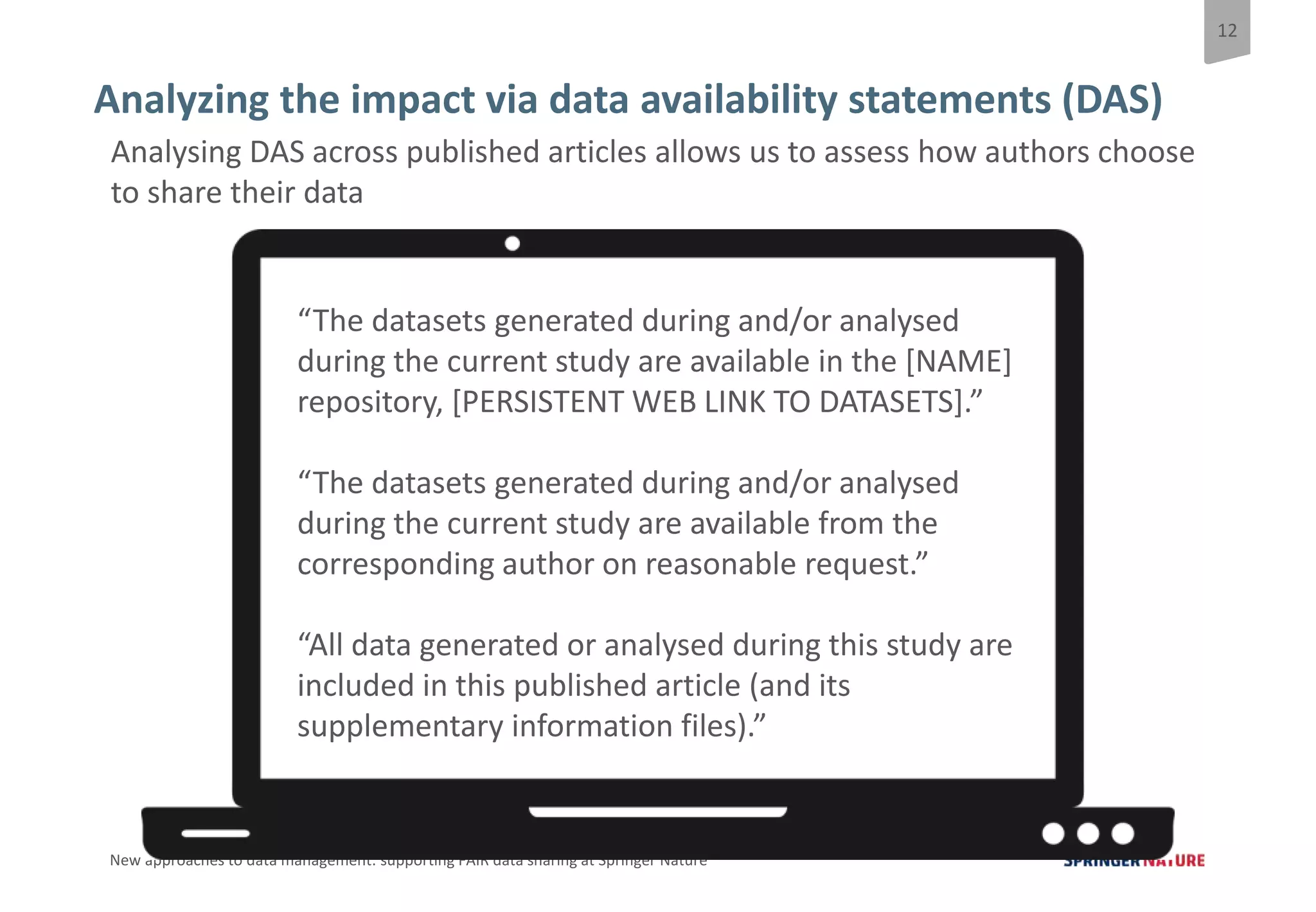 12
New approaches to data management: supporting FAIR data sharing at Springer Nature
Analysing DAS across published articles allows us to assess how authors choose
to share their data
Analyzing the impact via data availability statements (DAS)
“The datasets generated during and/or analysed
during the current study are available in the [NAME]
repository, [PERSISTENT WEB LINK TO DATASETS].”
“The datasets generated during and/or analysed
during the current study are available from the
corresponding author on reasonable request.”
“All data generated or analysed during this study are
included in this published article (and its
supplementary information files).”
 