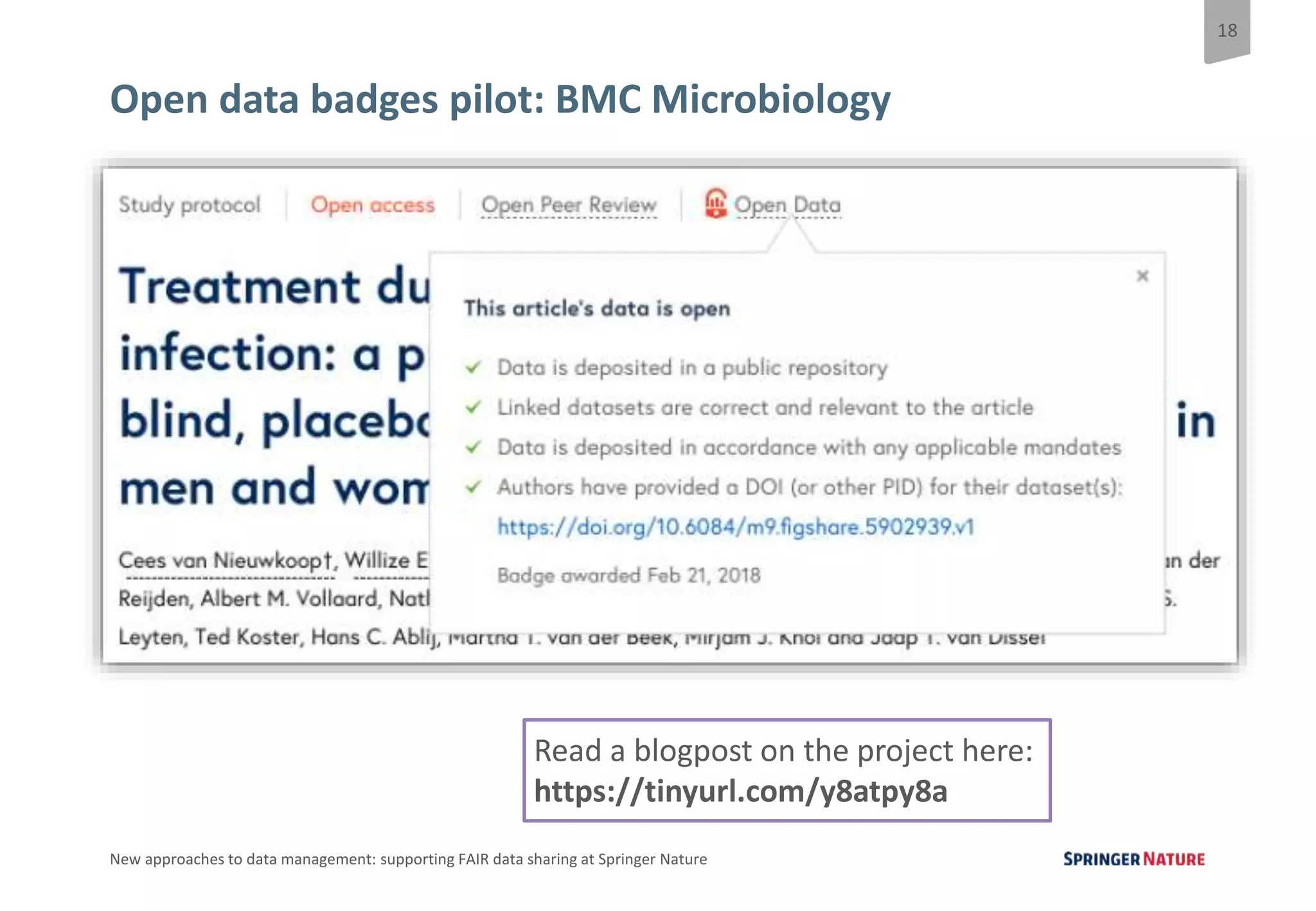 18
New approaches to data management: supporting FAIR data sharing at Springer Nature
Open data badges pilot: BMC Microbiology
Read a blogpost on the project here:
https://tinyurl.com/y8atpy8a
 