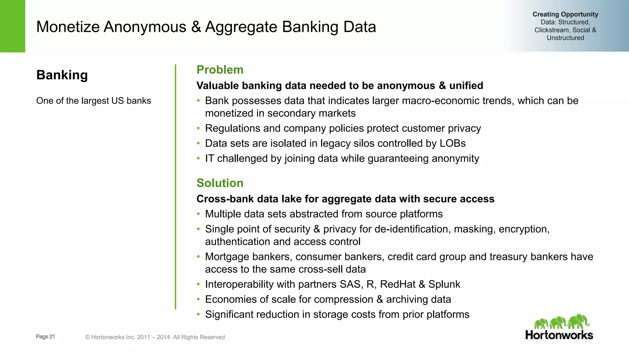 Monetize Anonymous & Aggregate Banking Data 
Problem 
Valuable banking data needed to be anonymous & unified 
• Bank possesses data that indicates larger macro-economic trends, which can be 
monetized in secondary markets 
• Regulations and company policies protect customer privacy 
• Data sets are isolated in legacy silos controlled by LOBs 
• IT challenged by joining data while guaranteeing anonymity 
Solution 
Cross-bank data lake for aggregate data with secure access 
• Multiple data sets abstracted from source platforms 
• Single point of security & privacy for de-identification, masking, encryption, 
authentication and access control 
• Mortgage bankers, consumer bankers, credit card group and treasury bankers have 
access to the same cross-sell data 
• Interoperability with partners SAS, R, RedHat & Splunk 
• Economies of scale for compression & archiving data 
• Significant reduction in storage costs from prior platforms 
Page 21 © Hortonworks Inc. 2011 – 2014. All Rights Reserved 
Creating Opportunity 
Data: Structured, 
Clickstream, Social & 
Unstructured 
Banking 
One of the largest US banks 
 