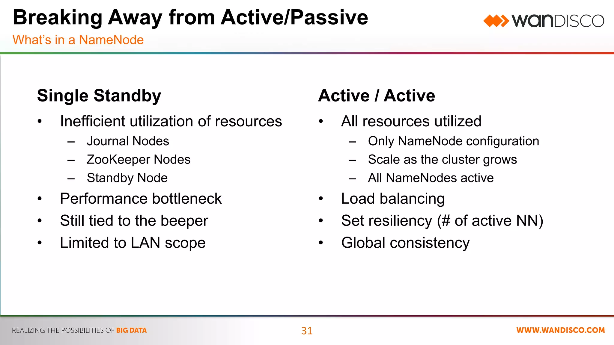 Breaking Away from Active/Passive 
What’s in a NameNode 
31 
Single Standby 
• Inefficient utilization of resources 
– Journal Nodes 
– ZooKeeper Nodes 
– Standby Node 
• Performance bottleneck 
• Still tied to the beeper 
• Limited to LAN scope 
Active / Active 
• All resources utilized 
– Only NameNode configuration 
– Scale as the cluster grows 
– All NameNodes active 
• Load balancing 
• Set resiliency (# of active NN) 
• Global consistency 
 